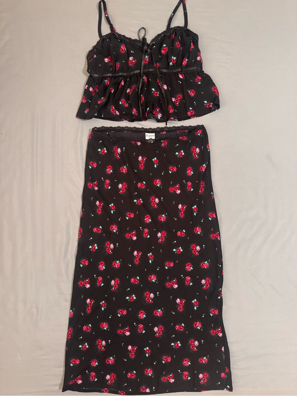 No Boundaries Black Midi skirt & top  with Red Floral Print